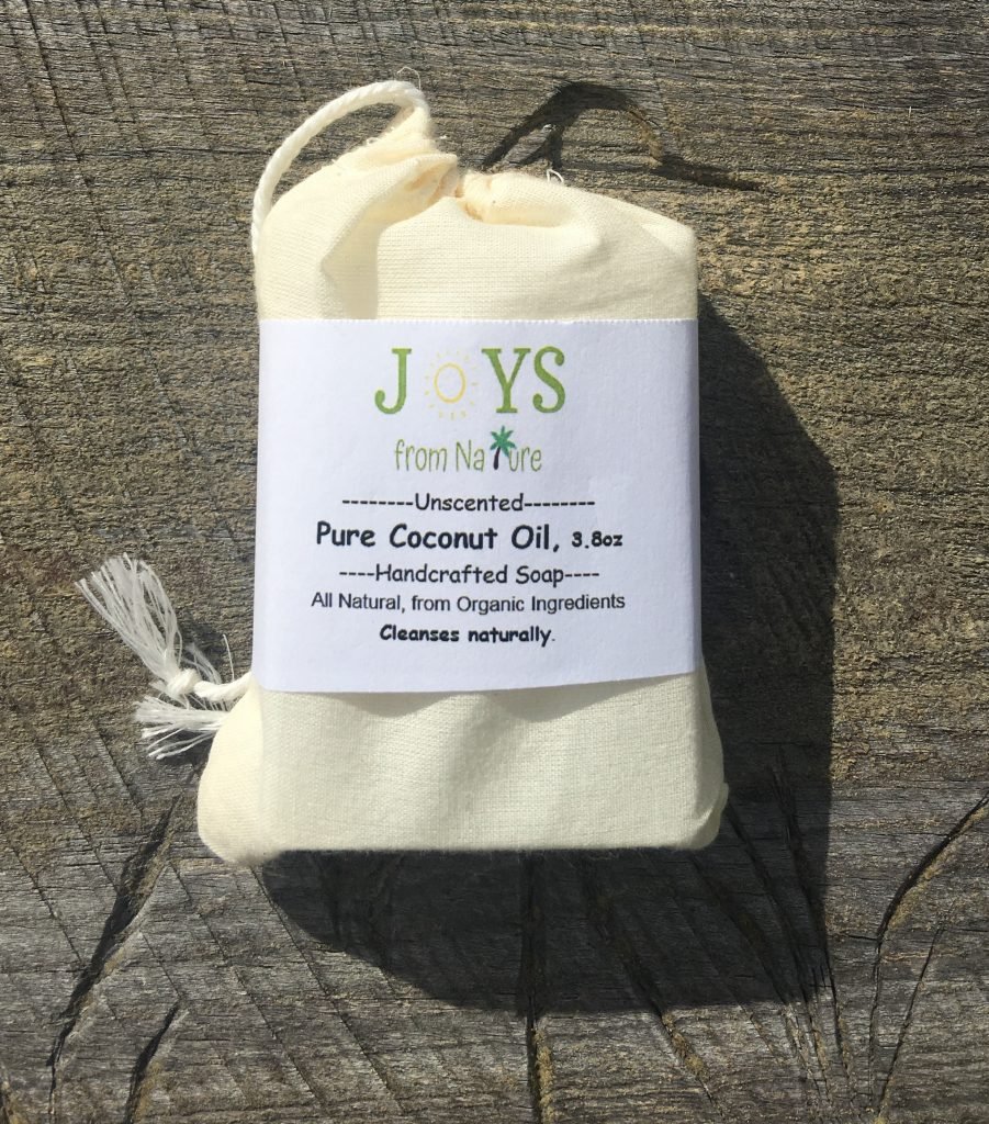 Joys from nature pure coconut oil soap. In sustainable cotton packaging. 